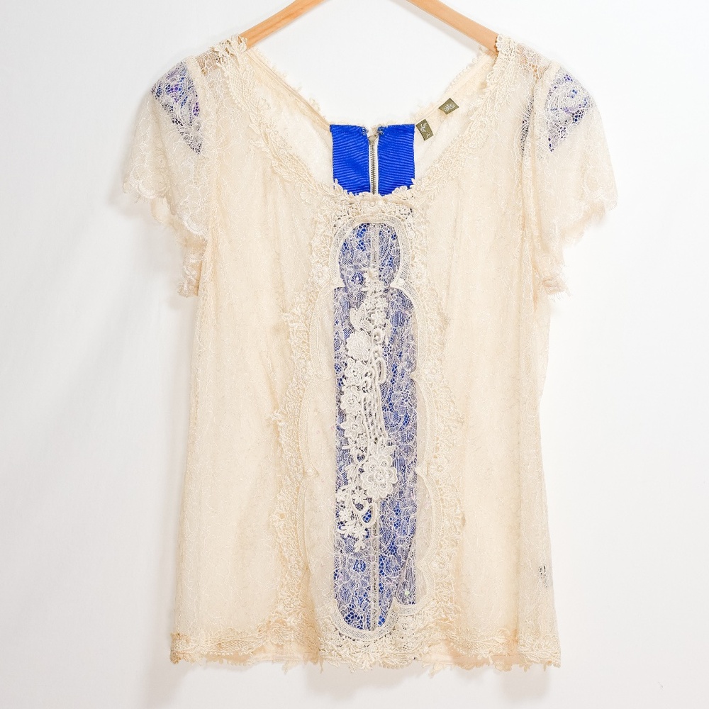 Mesh Shear Lace Fei Feminine Blouse Floral Appliqué Back Zipper 14 Large